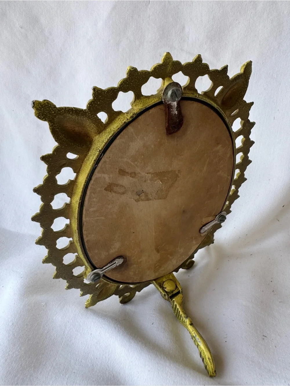 Vintage Victorian Gold /yellow Tone Round Tabletop Vanity Mirror w/ Stand, 7 in